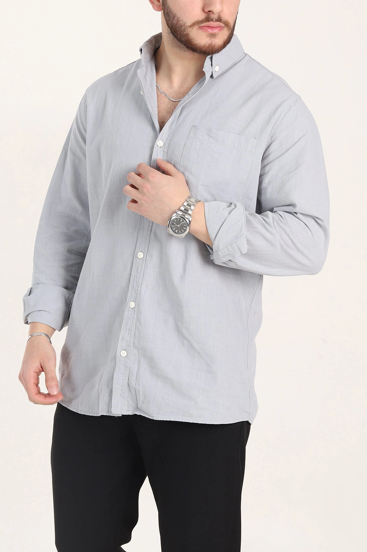 Gri Relaxed Fit Keten Cep Detaylı Erkek Gömlek 356968