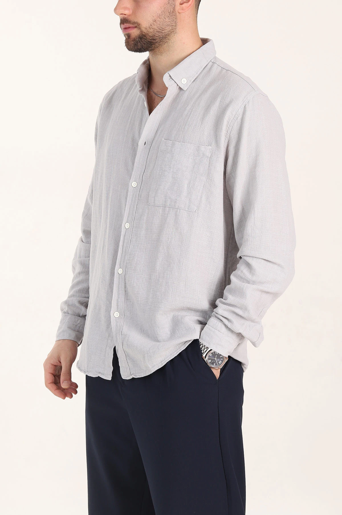 Gri Relaxed Fit Keten Cep Detaylı Erkek Gömlek 356975