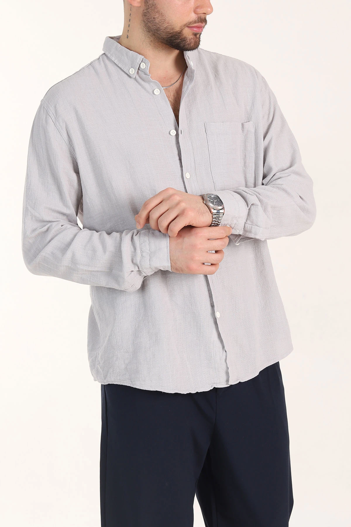 Gri Relaxed Fit Keten Cep Detaylı Erkek Gömlek 356975