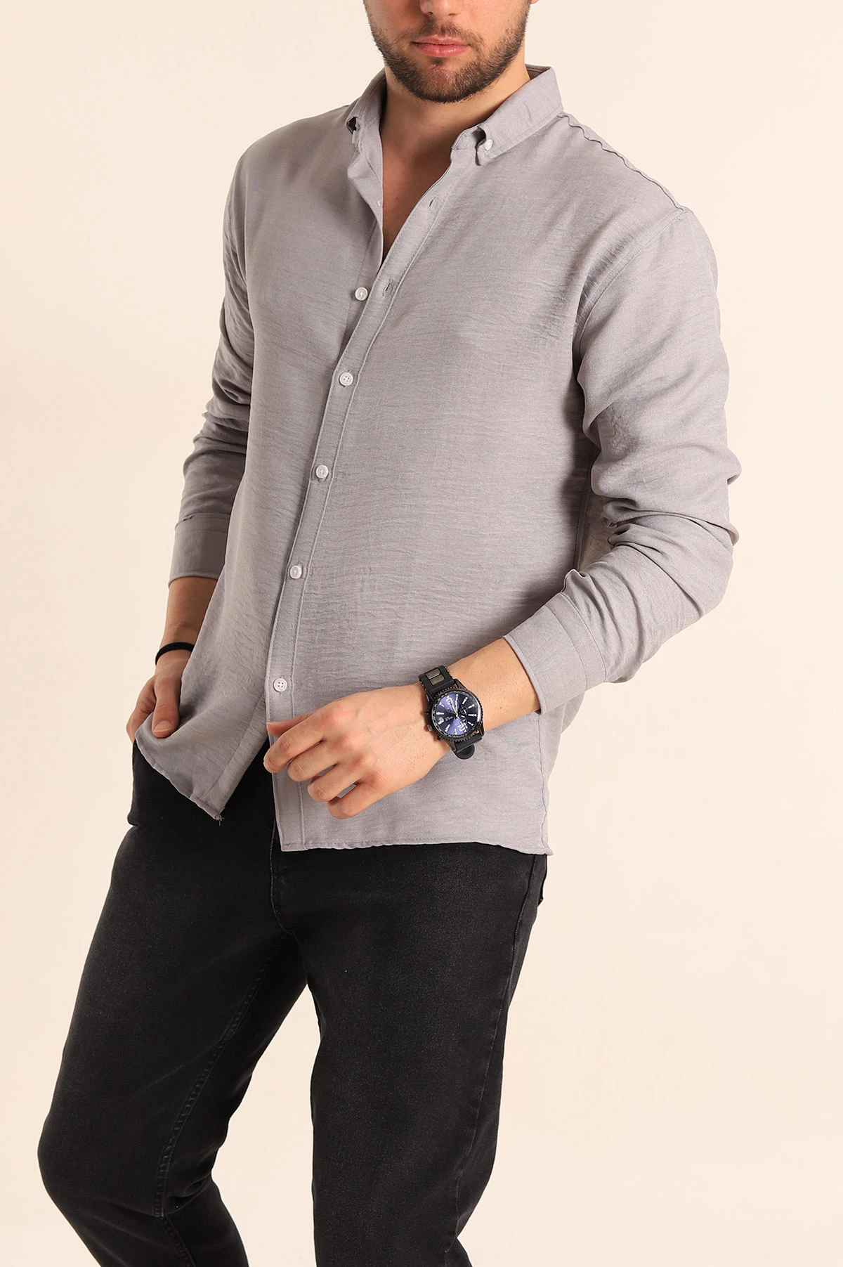 Gri Relaxed Fit Keten Erkek Gömlek 256530