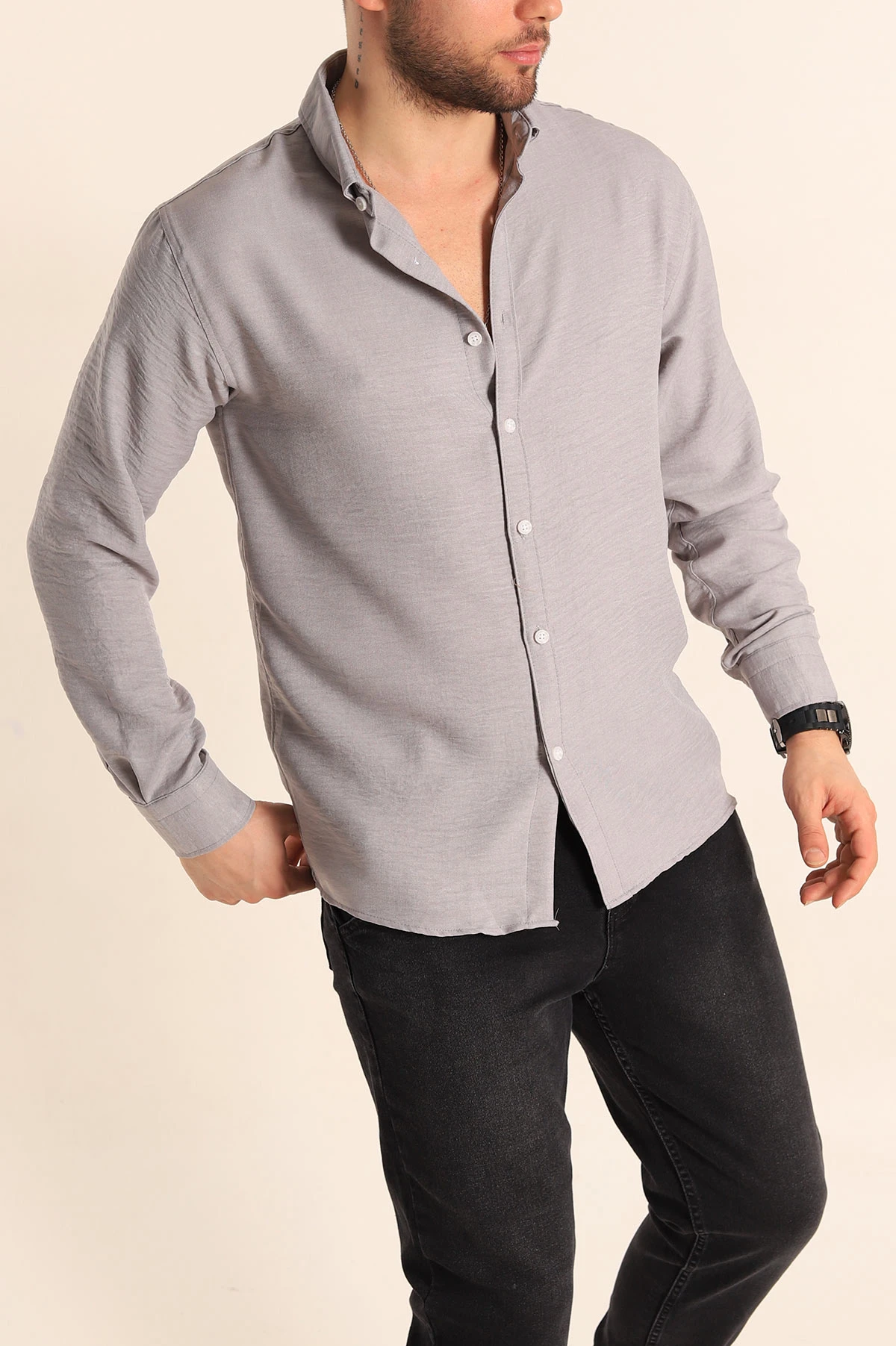 Gri Relaxed Fit Keten Erkek Gömlek 256530