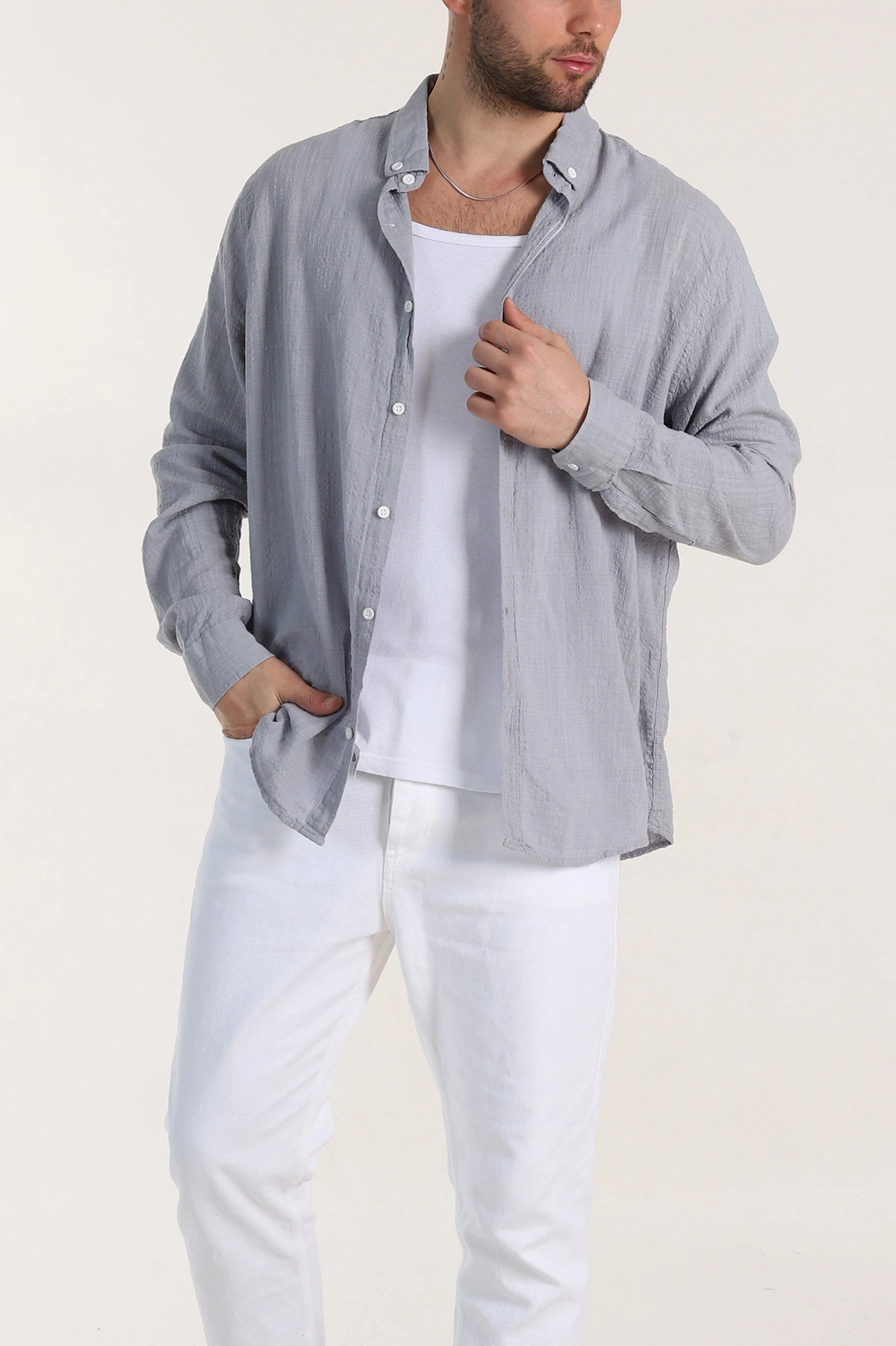 Gri Relaxed Fit Keten Kare Dokulu Ata Yaka Erkek Gömlek 339182