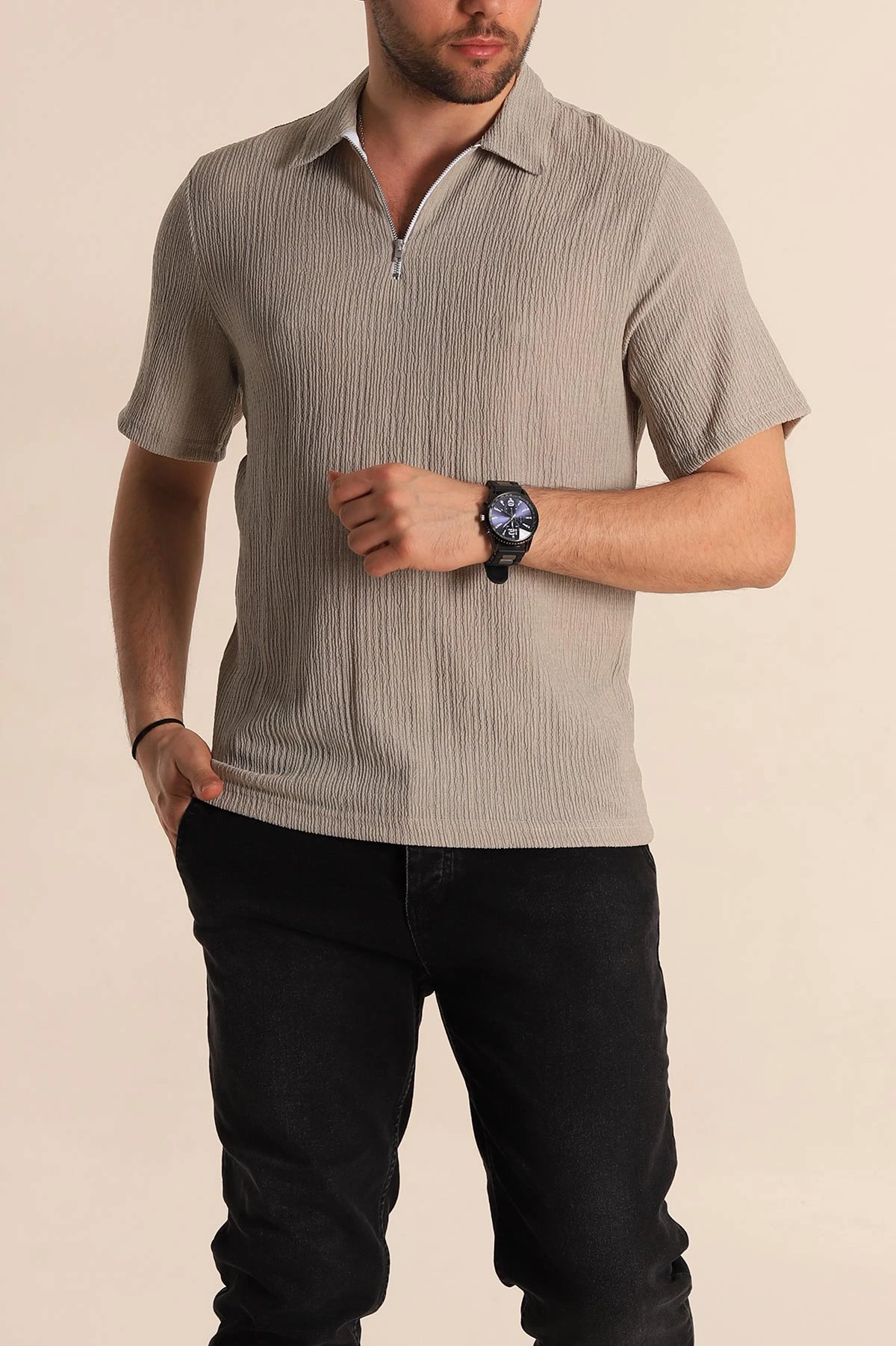 Gri Relaxed Fit Melanjlı Fermuarlı Polo Yaka Erkek Tişört 267654