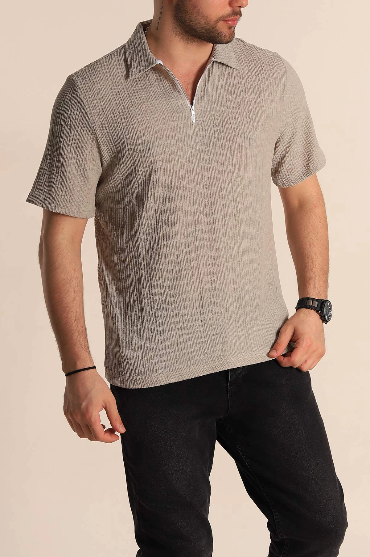 Gri Relaxed Fit Melanjlı Fermuarlı Polo Yaka Erkek Tişört 267654