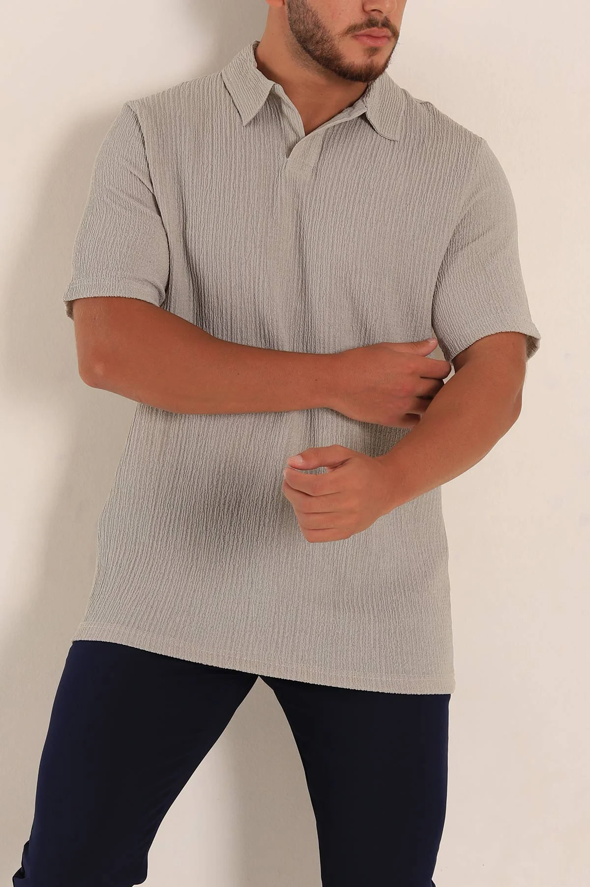 Gri Relaxed Fit Melanjlı Patlı Polo Yaka Erkek Tişört 267628