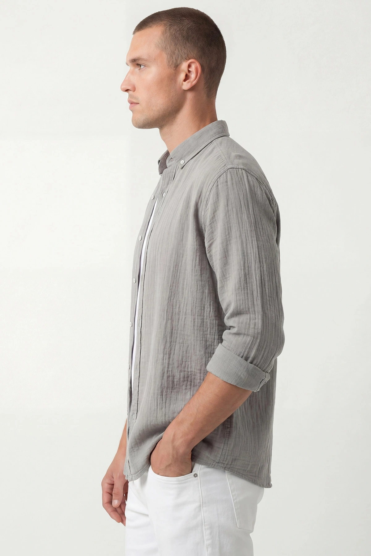 Gri Relaxed Fit Müslin Keten Ata Yaka Erkek Gömlek 435757