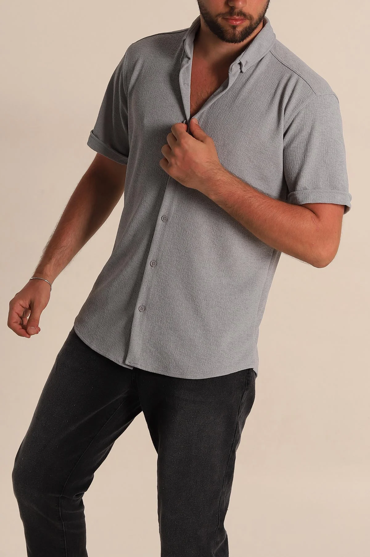 Gri Relaxed Fit Örme Duble Kısa Kollu Erkek Gömlek 278362