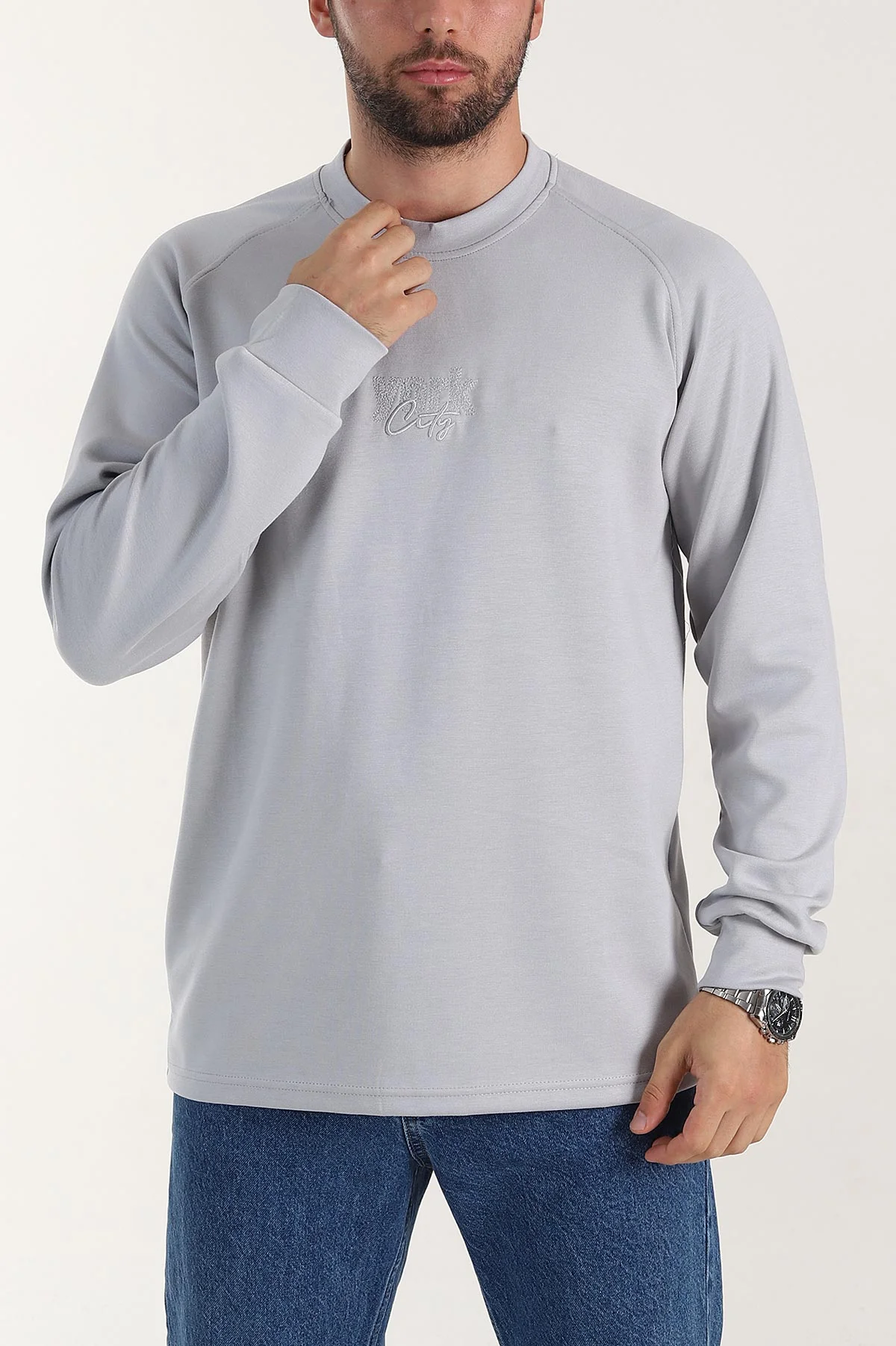 Gri Relaxed Fit Oysho Kumaş Nakış Detaylı Erkek Sweatshirt 399470