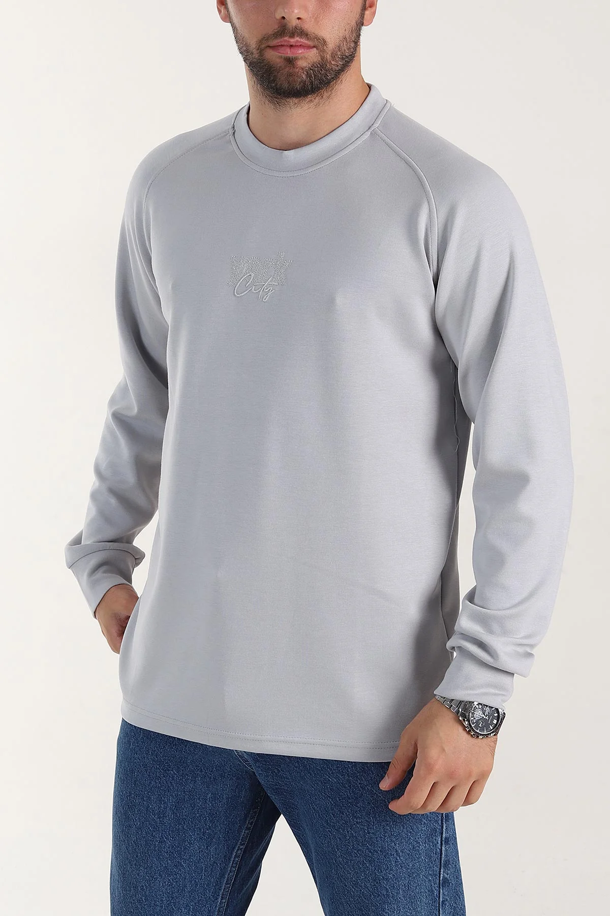 Gri Relaxed Fit Oysho Kumaş Nakış Detaylı Erkek Sweatshirt 399470