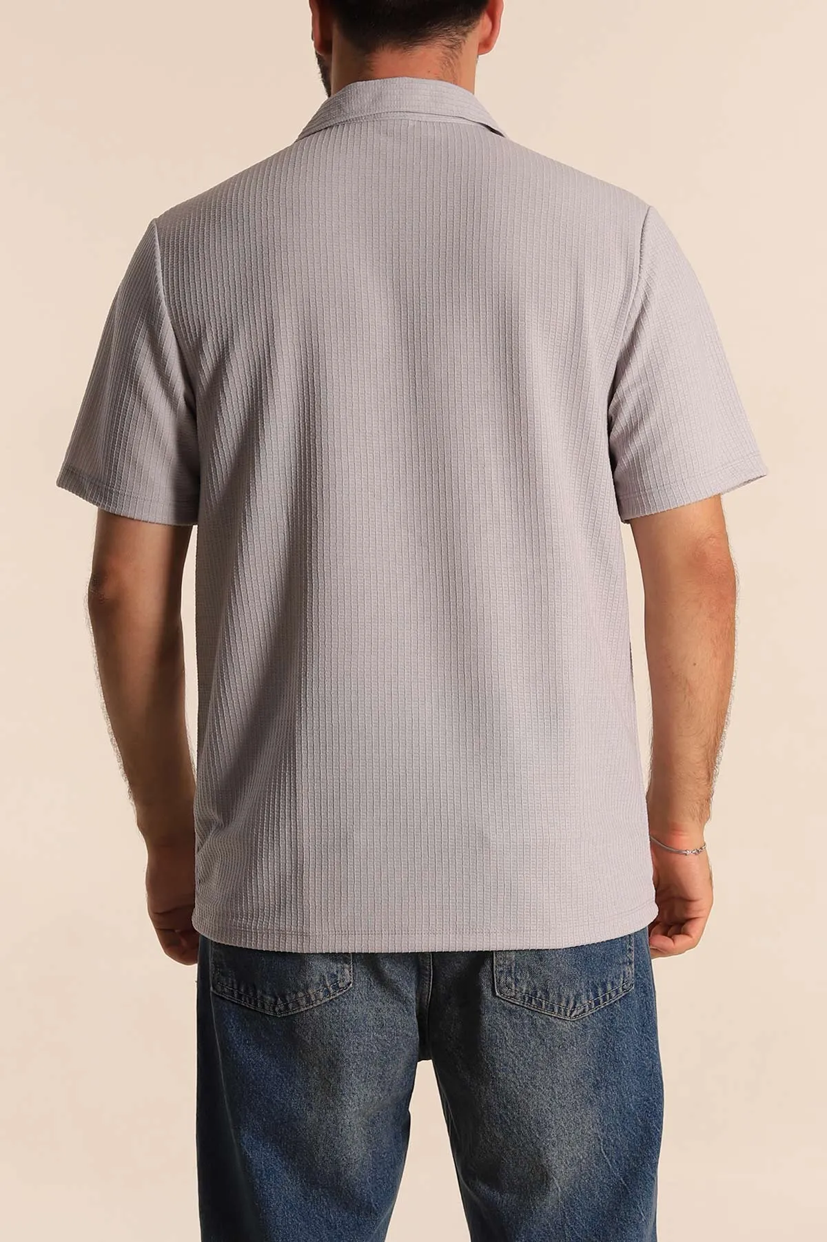Gri Relaxed Fit Petek Dokulu Fermuarlı Polo Yaka Erkek Tişört 278874