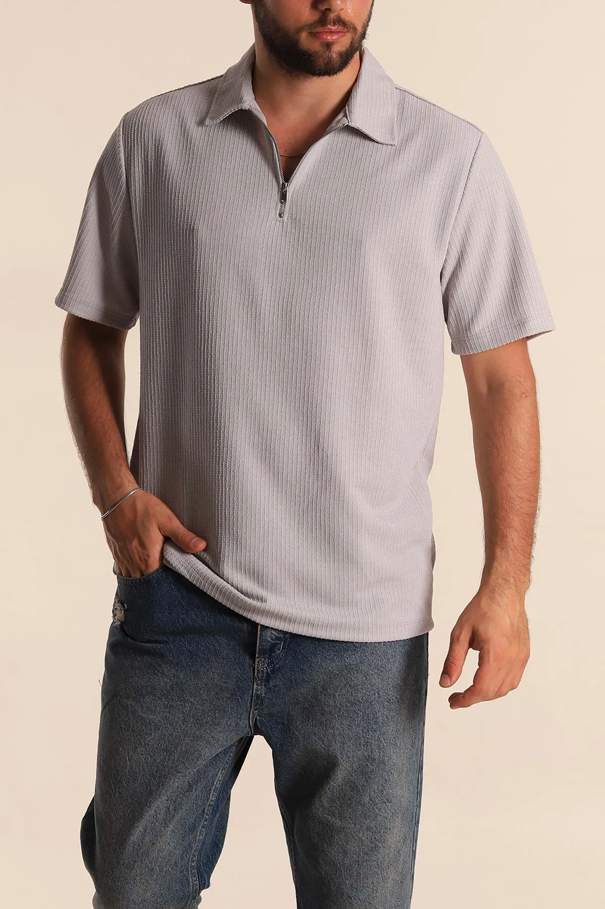 Gri Relaxed Fit Petek Dokulu Fermuarlı Polo Yaka Erkek Tişört 278874