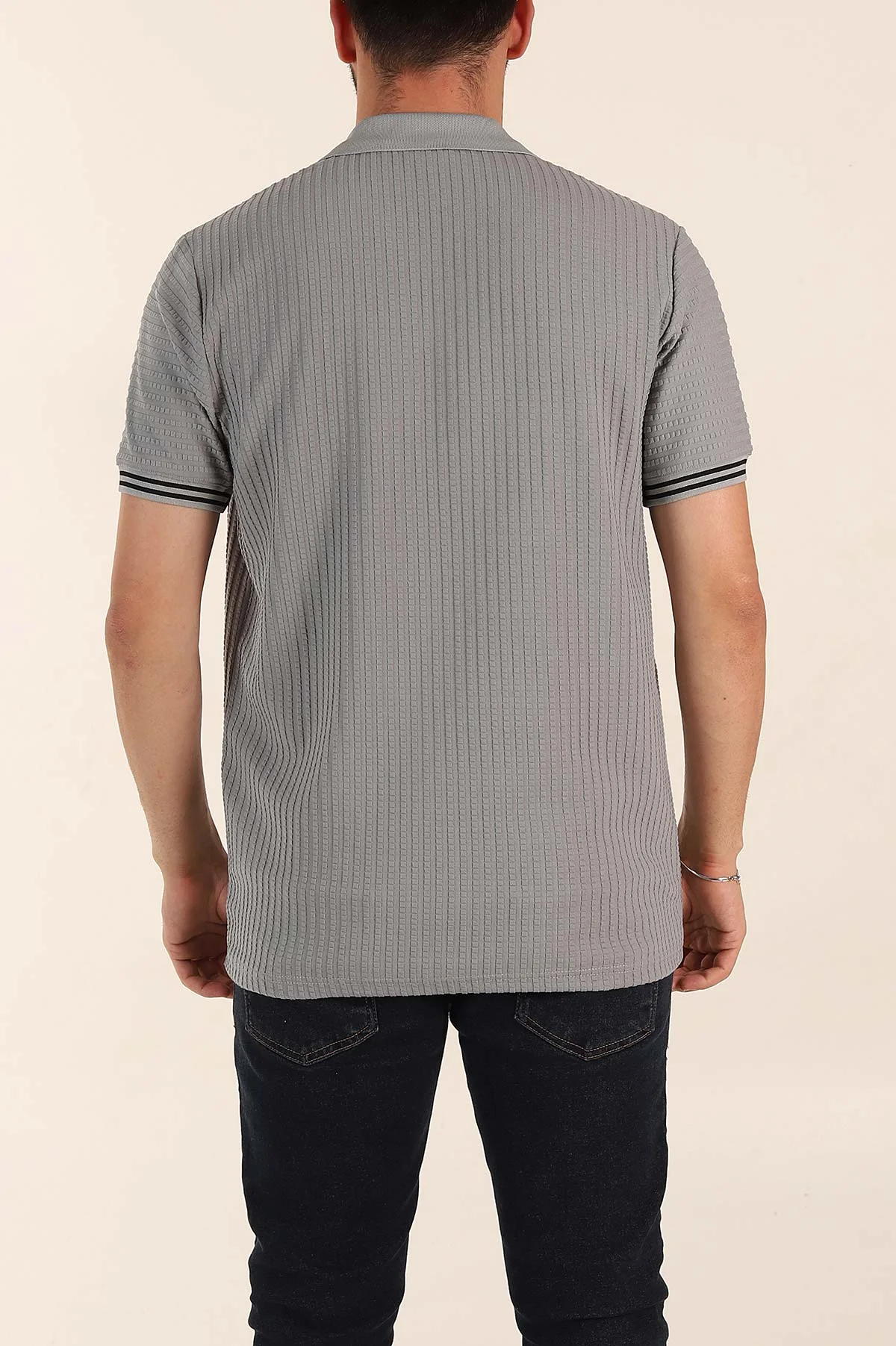 Gri Relaxed Fit Petek Dokulu Patlı Polo Yaka Erkek Tişört 370262