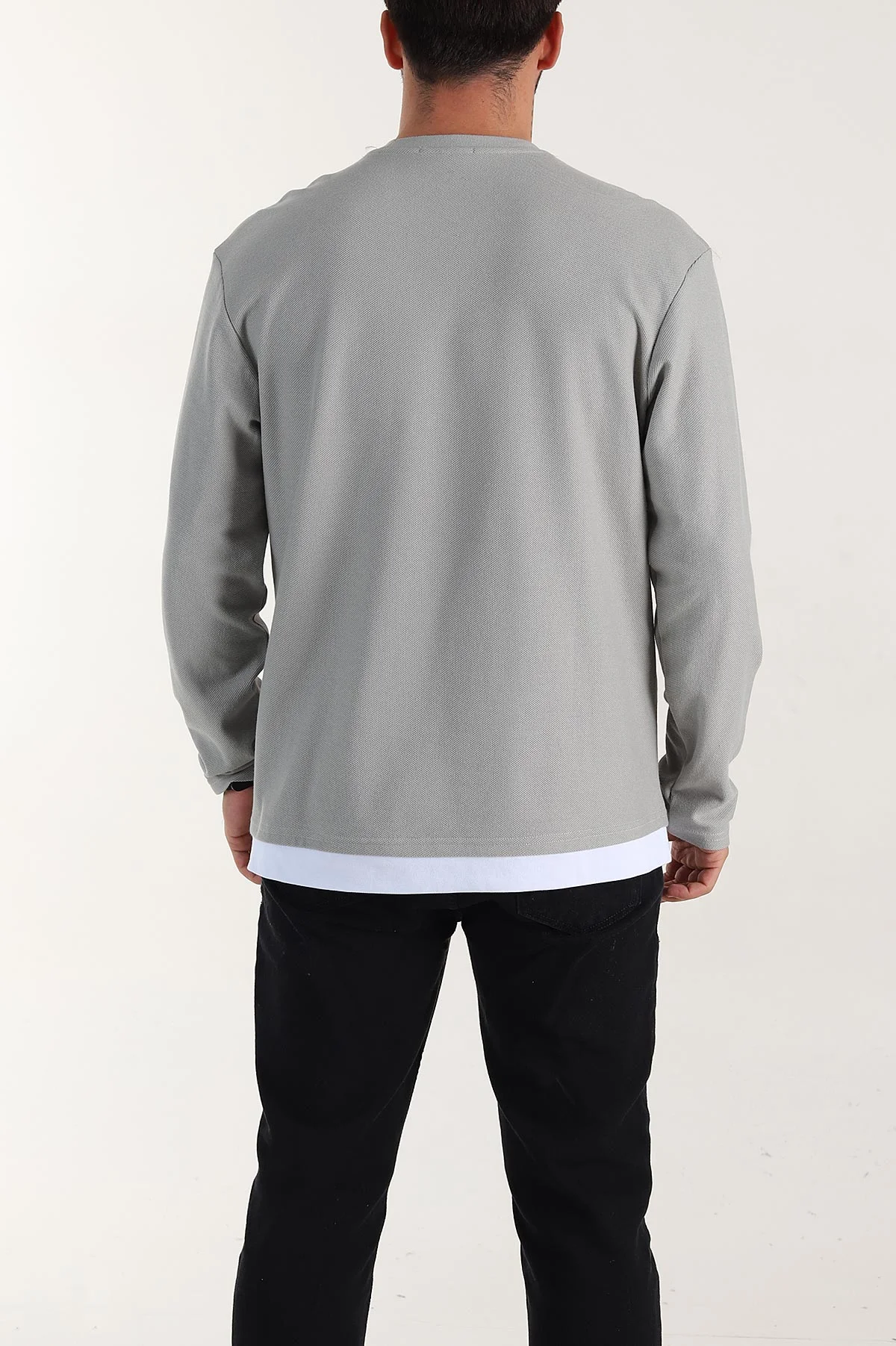 Gri Relaxed Fit Pike Dokulu Basic Erkek Sweatshirt 398898