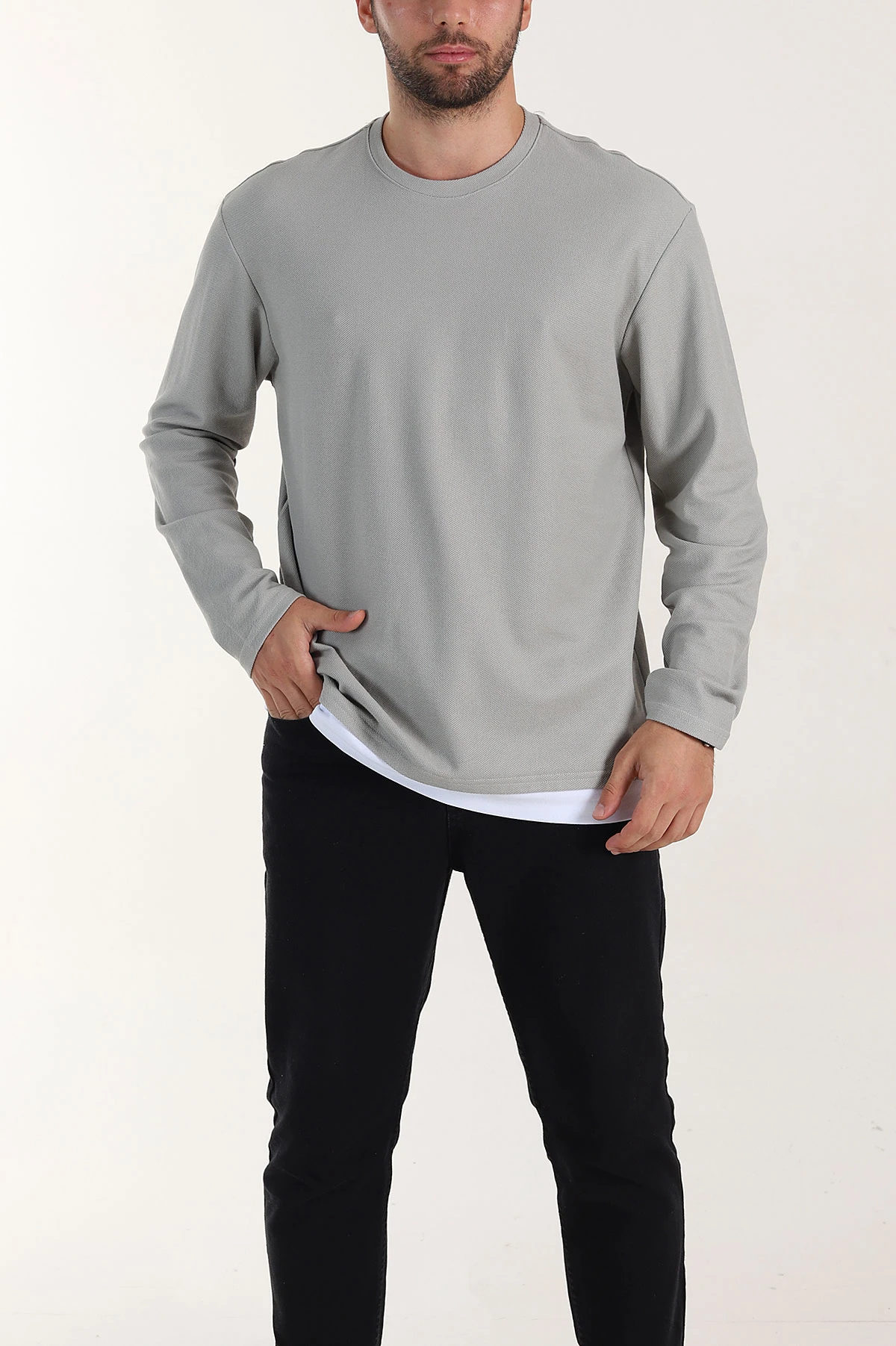 Gri Relaxed Fit Pike Dokulu Basic Erkek Sweatshirt 398898