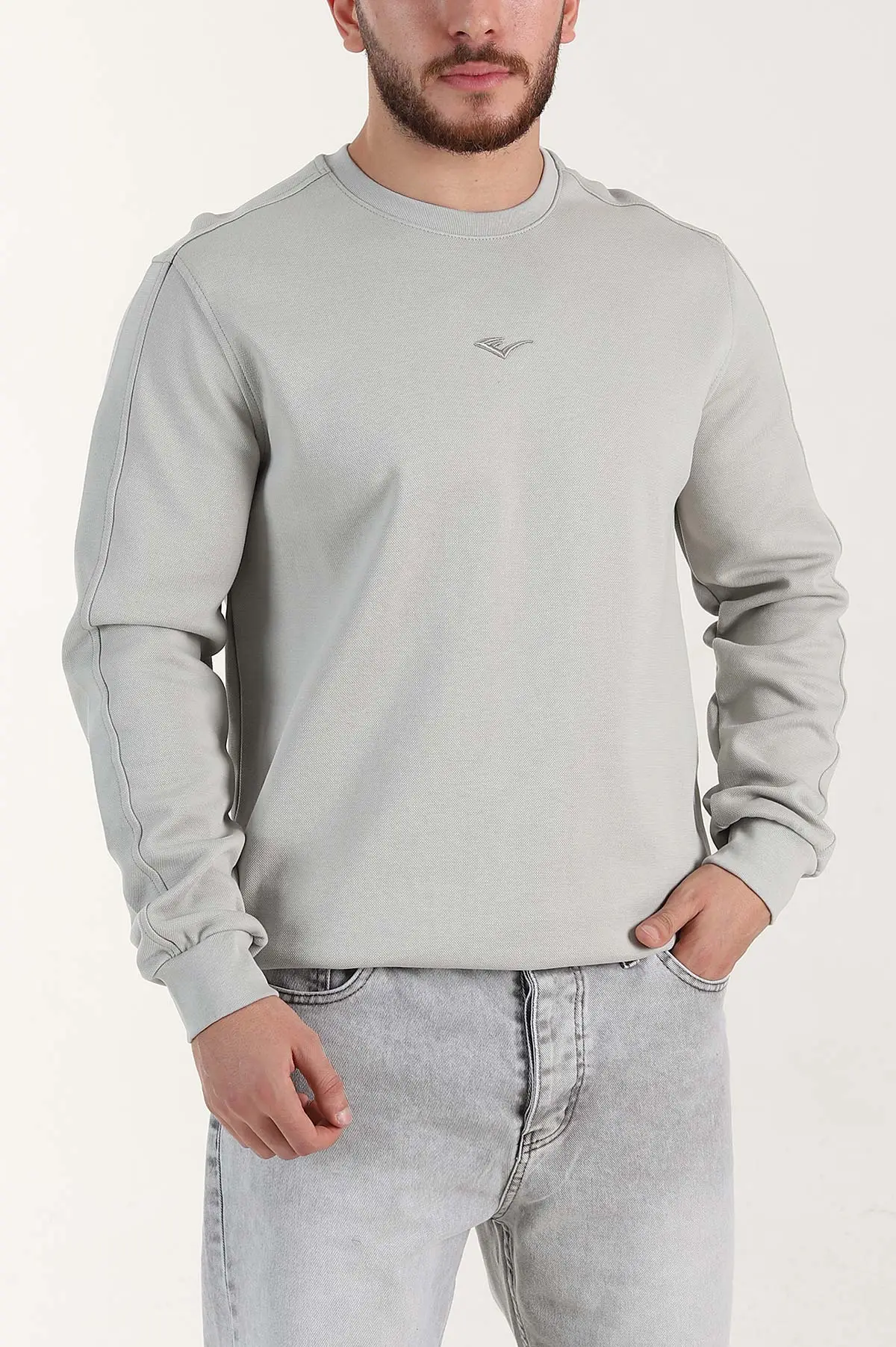 Gri Relaxed Fit Pike Dokulu Nakış Detaylı Erkek Sweatshirt 400897