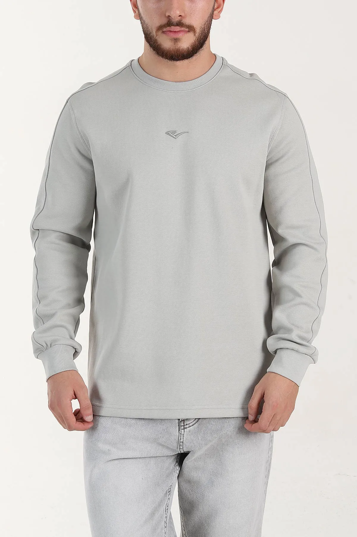 Gri Relaxed Fit Pike Dokulu Nakış Detaylı Erkek Sweatshirt 400897