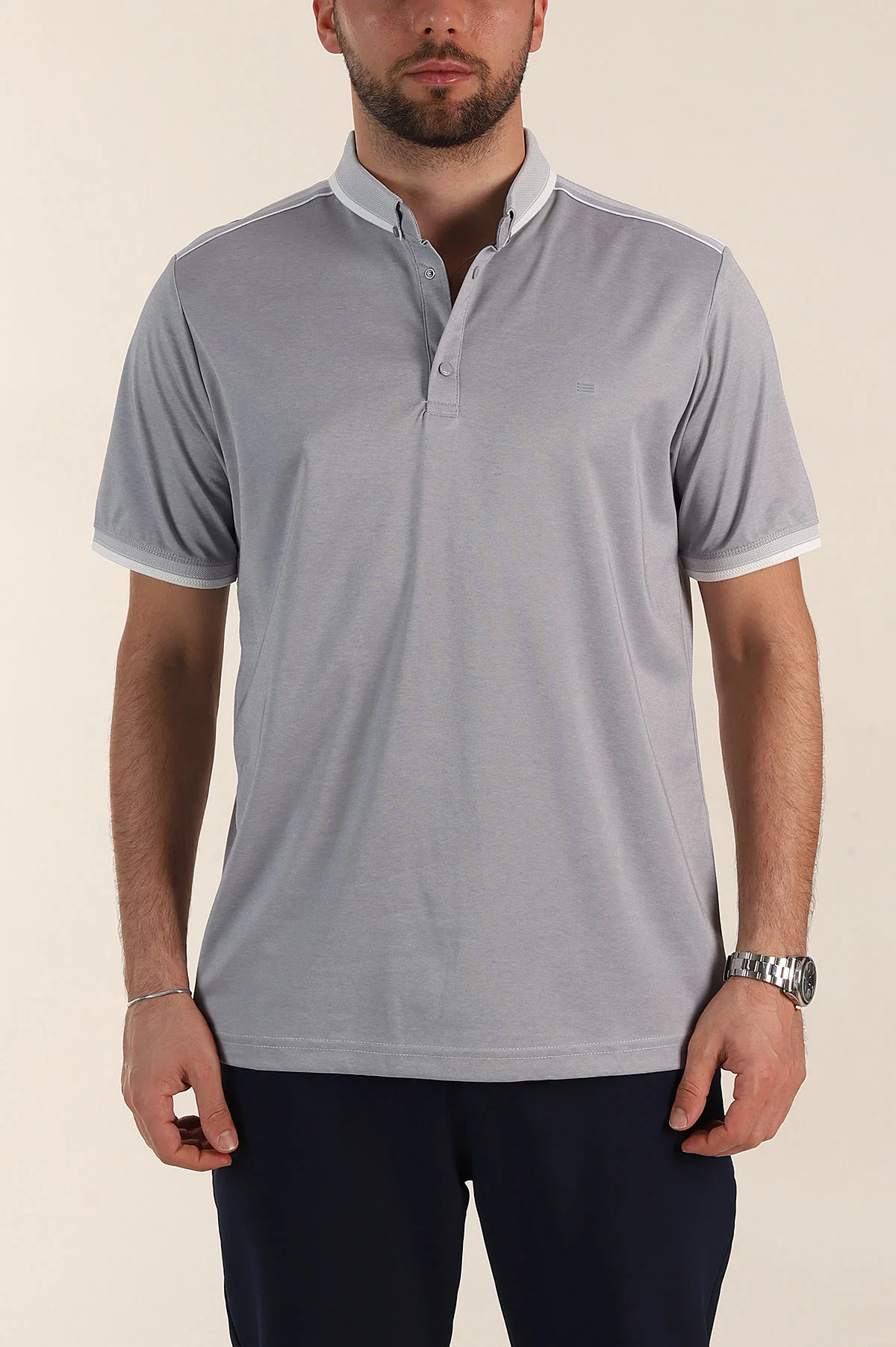 Gri Relaxed Fit Şerit Detaylı Polo Yaka Erkek Tişört 359115