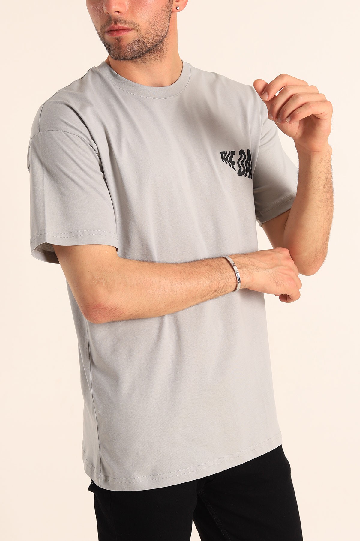 Gri Relaxed Fit The Dark Slogan Sırt Baskılı Erkek Tişört 186619
