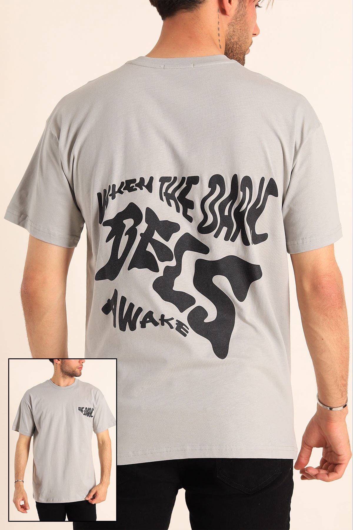 Gri Relaxed Fit The Dark Slogan Sırt Baskılı Erkek Tişört 186619