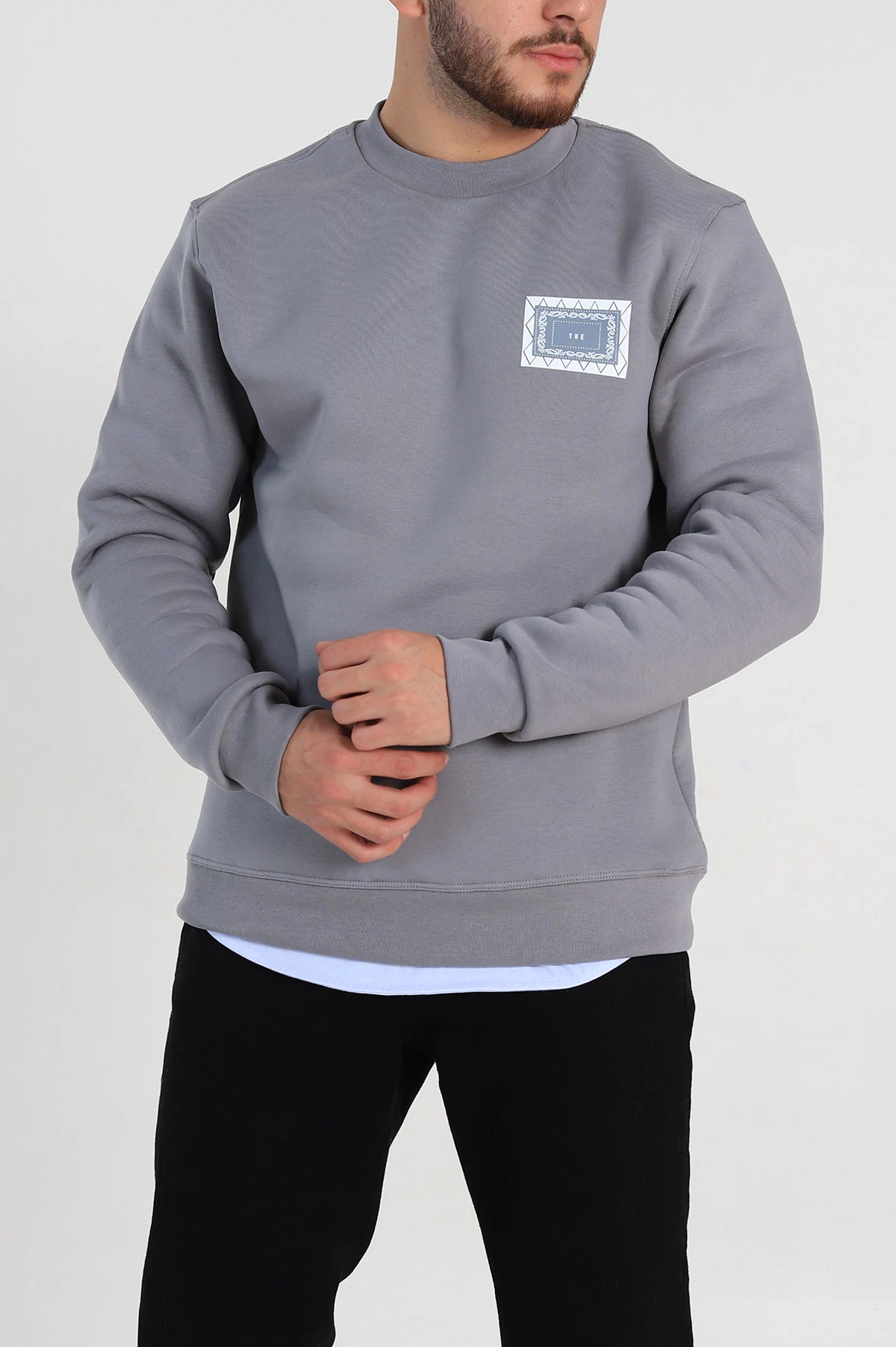 Gri Relaxed Fit Üç İp Şardonlu Baskılı Erkek Sweatshirt 309656