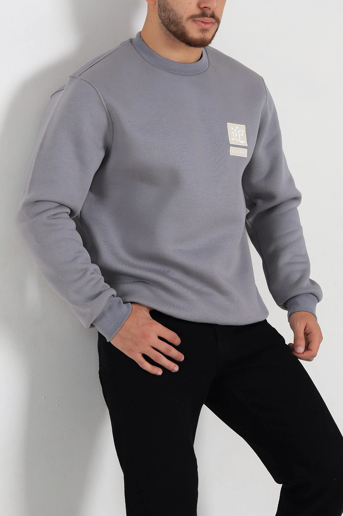 Gri Relaxed Fit Üç İp Şardonlu Kabartma Detaylı Erkek Sweatshirt 309882