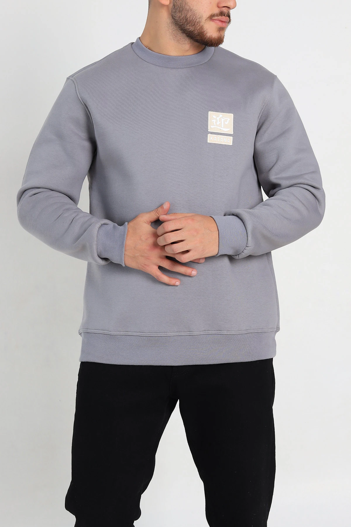 Gri Relaxed Fit Üç İp Şardonlu Kabartma Detaylı Erkek Sweatshirt 309882