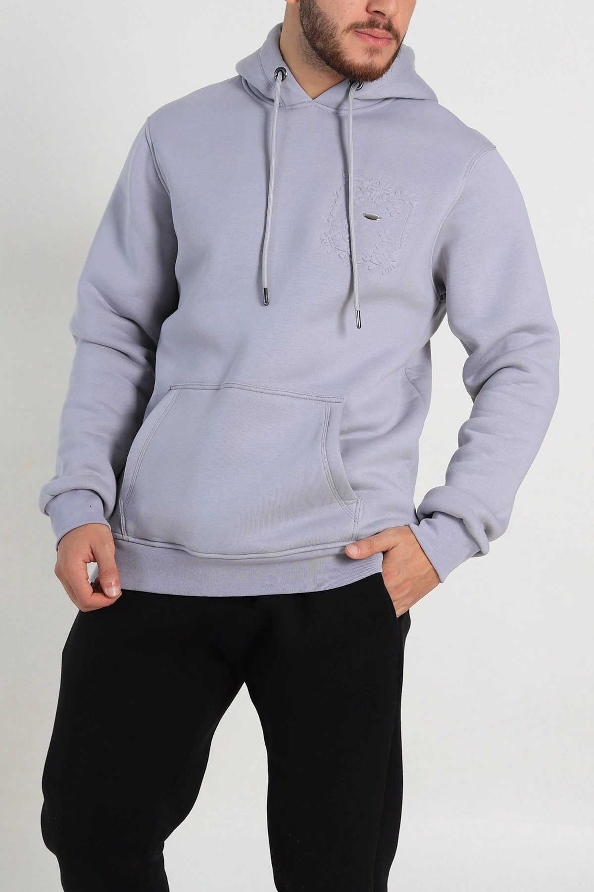 Gri Relaxed Fit Üç İp Şardonlu Kabartma Detaylı Erkek Sweatshirt 311129