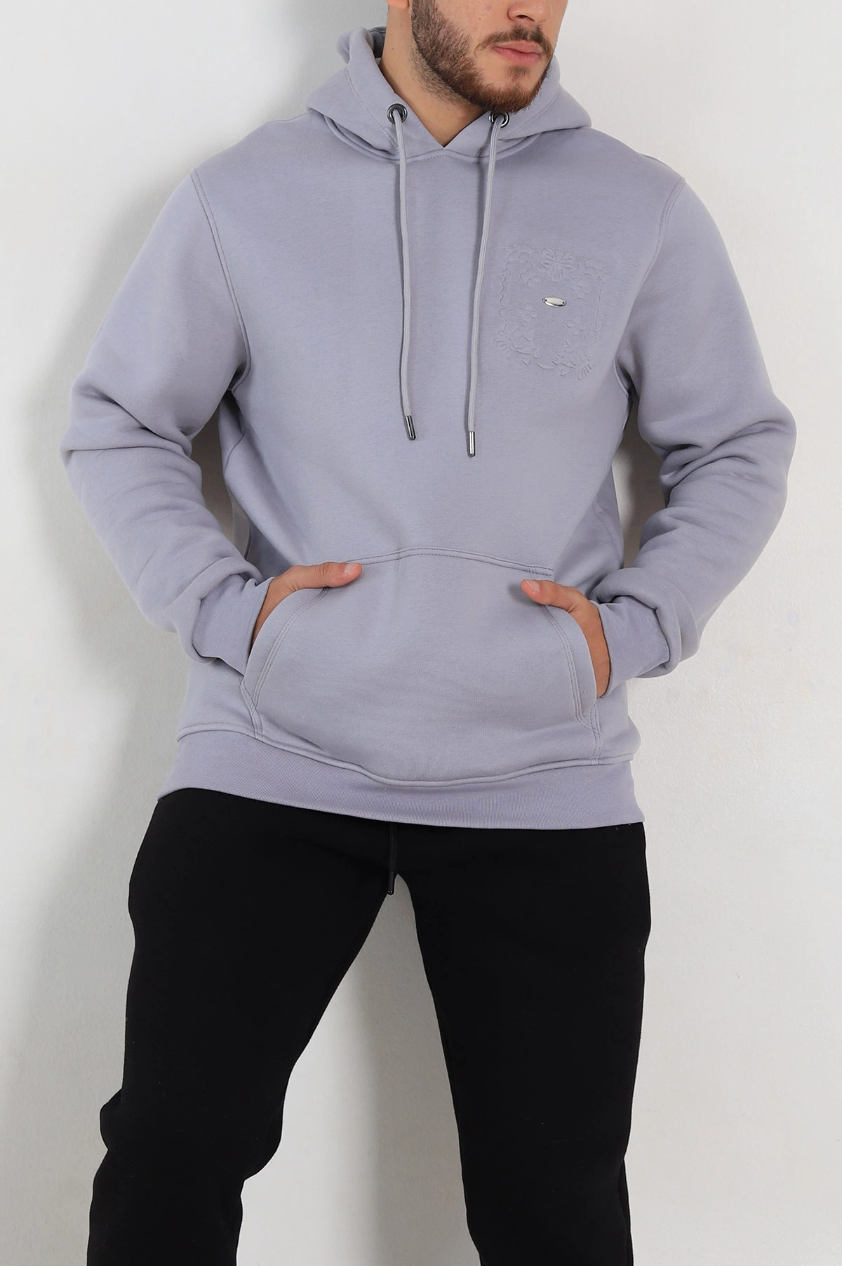 Gri Relaxed Fit Üç İp Şardonlu Kabartma Detaylı Erkek Sweatshirt 311129
