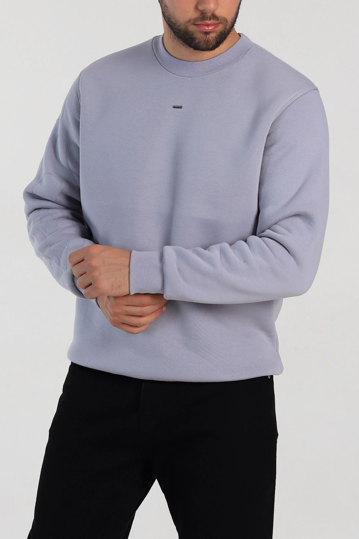 Gri Relaxed Fit Üç İp Şardonlu Kol Detaylı Erkek Sweatshirt 309956