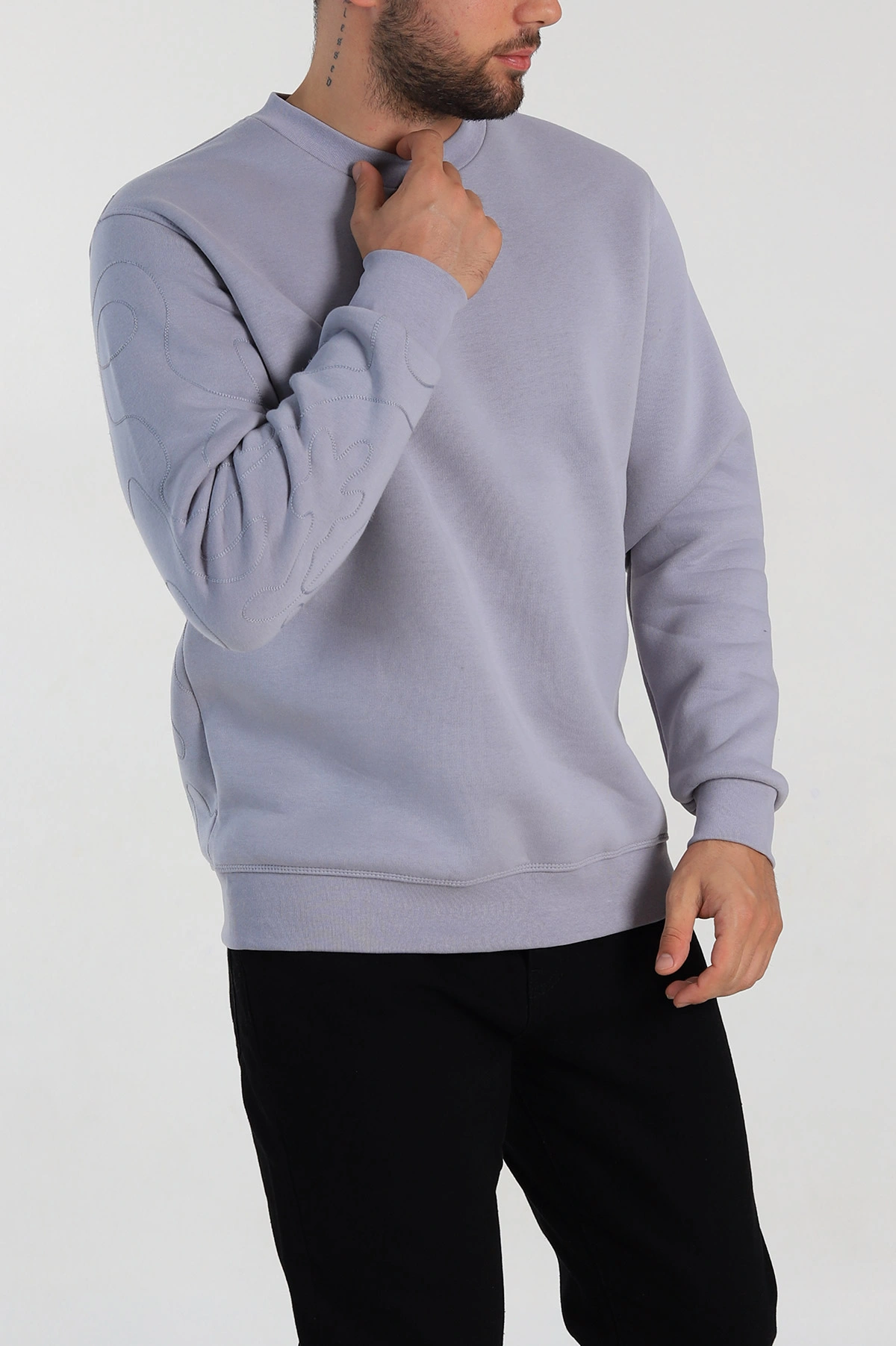 Gri Relaxed Fit Üç İp Şardonlu Kol Detaylı Erkek Sweatshirt 309956