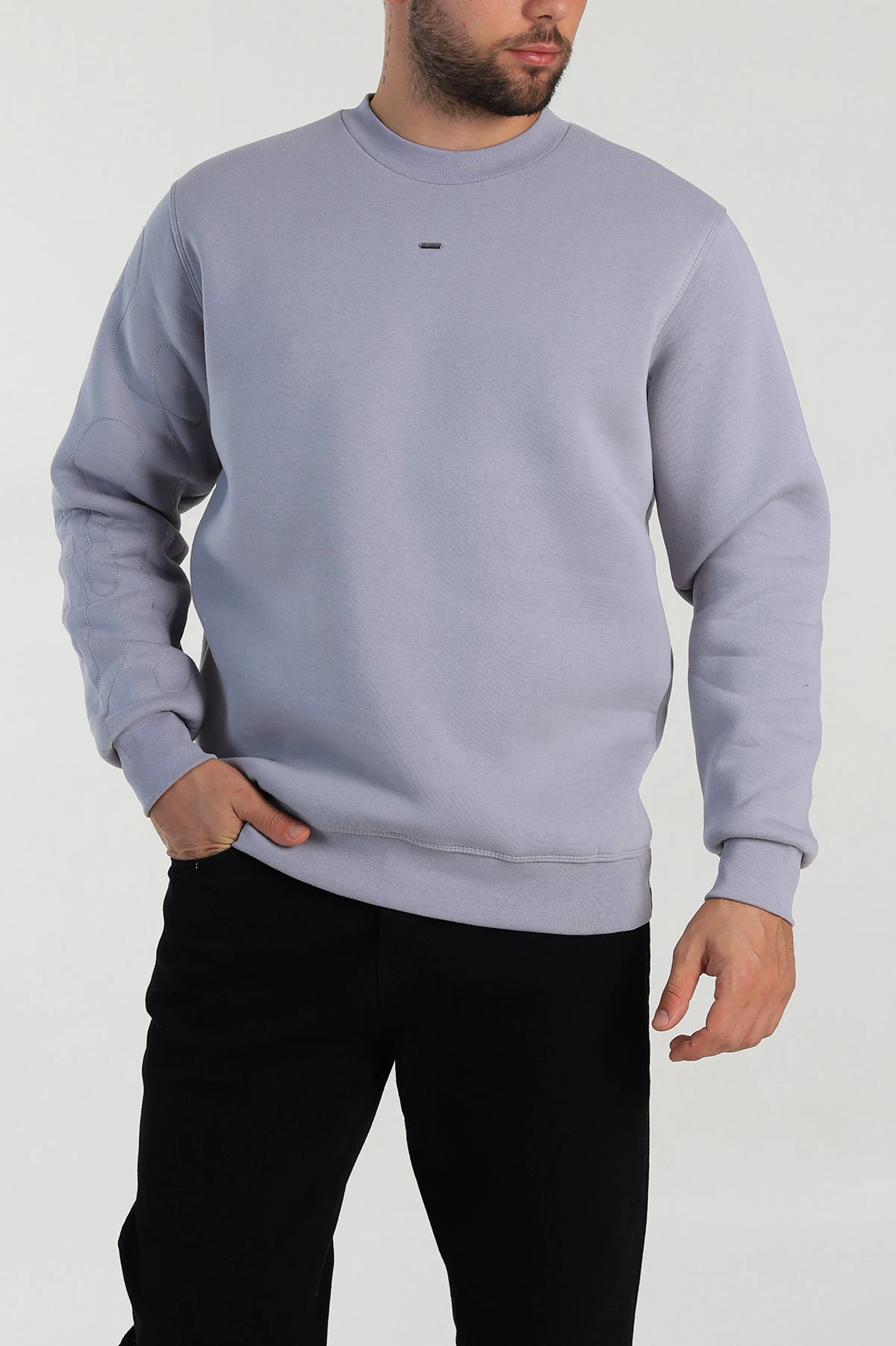 Gri Relaxed Fit Üç İp Şardonlu Kol Detaylı Erkek Sweatshirt 309956