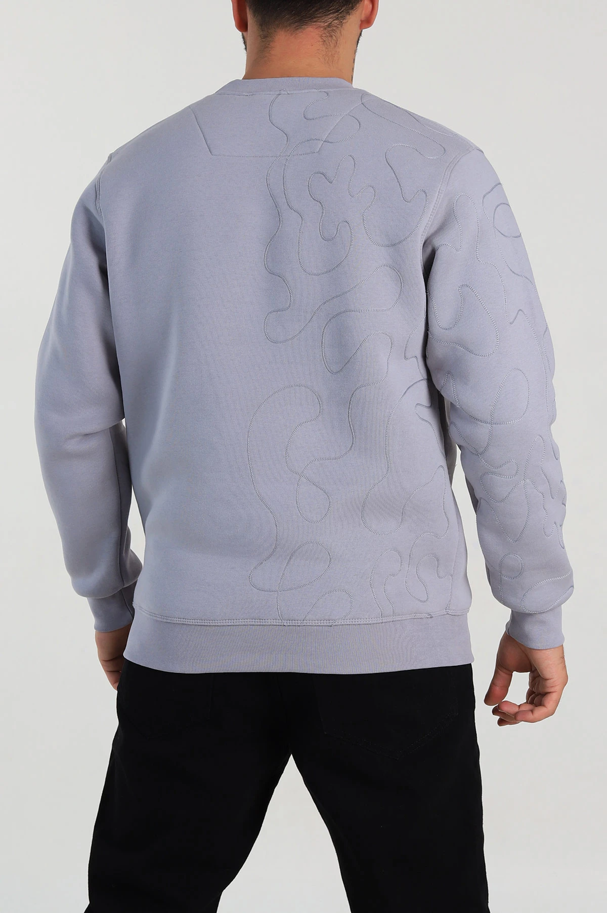 Gri Relaxed Fit Üç İp Şardonlu Kol Detaylı Erkek Sweatshirt 309956