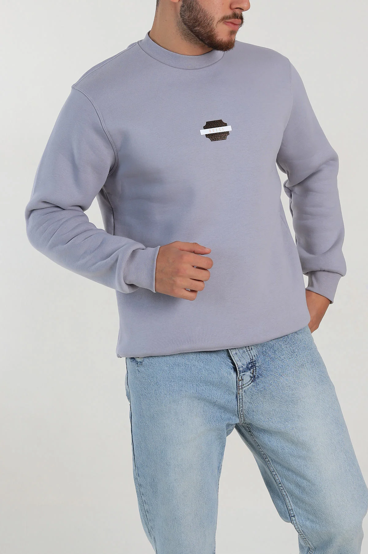 Gri Relaxed Fit Üç İp Şardonlu Logo Detaylı Erkek Sweatshirt 309858
