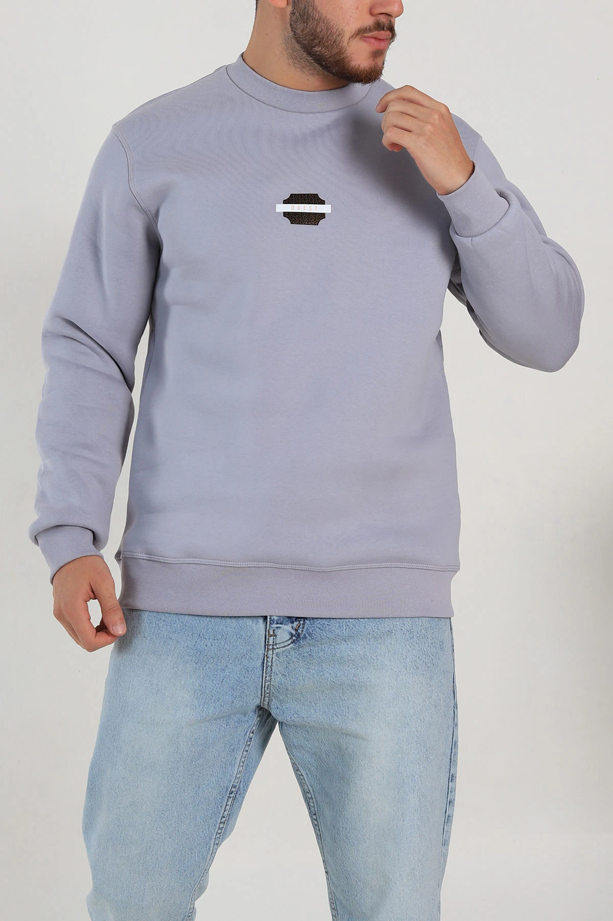 Gri Relaxed Fit Üç İp Şardonlu Logo Detaylı Erkek Sweatshirt 309858