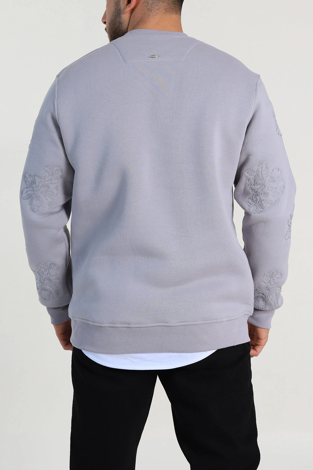 Gri Relaxed Fit Üç İp Şardonlu Nakış Detaylı Erkek Sweatshirt 311186