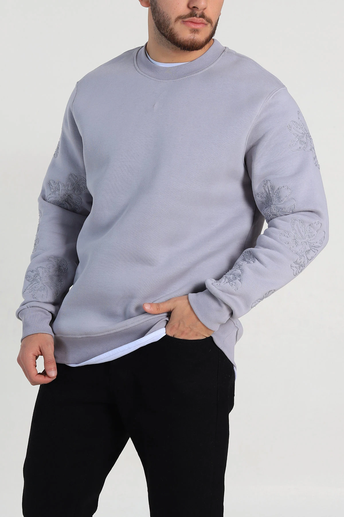 Gri Relaxed Fit Üç İp Şardonlu Nakış Detaylı Erkek Sweatshirt 311186