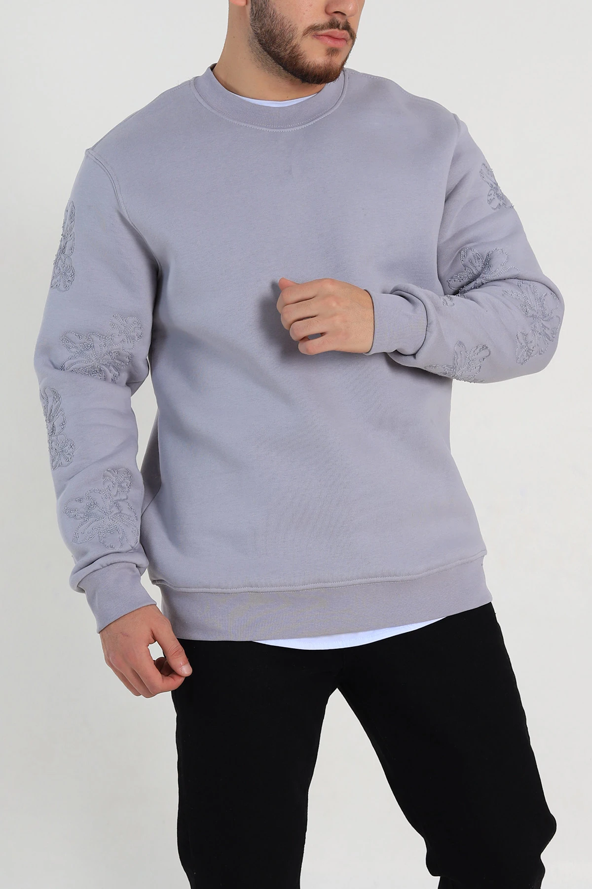 Gri Relaxed Fit Üç İp Şardonlu Nakış Detaylı Erkek Sweatshirt 311186