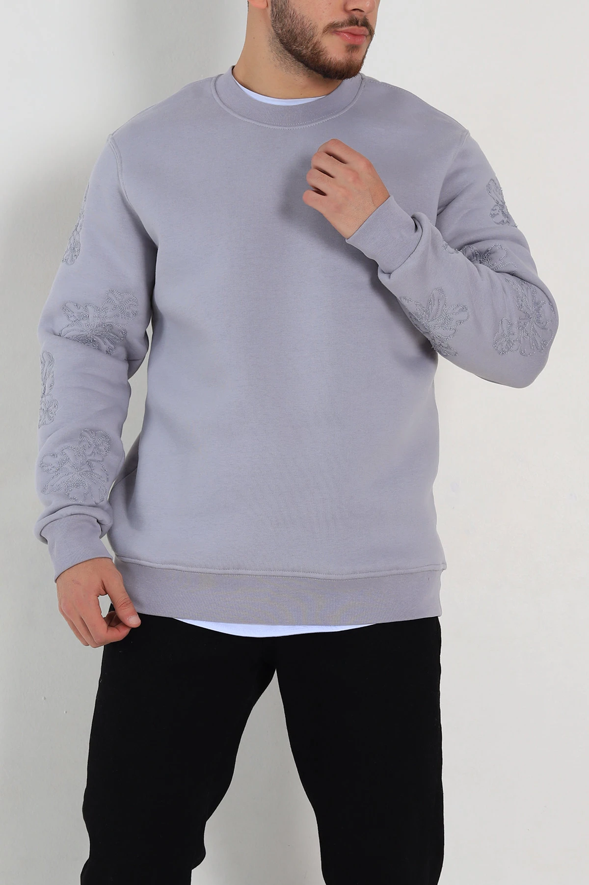 Gri Relaxed Fit Üç İp Şardonlu Nakış Detaylı Erkek Sweatshirt 311186