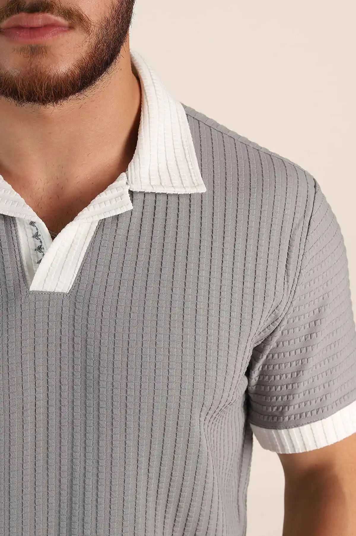 Gri Relaxed Fit Waffle Dokulu Polo Yaka Erkek Tişört 370348