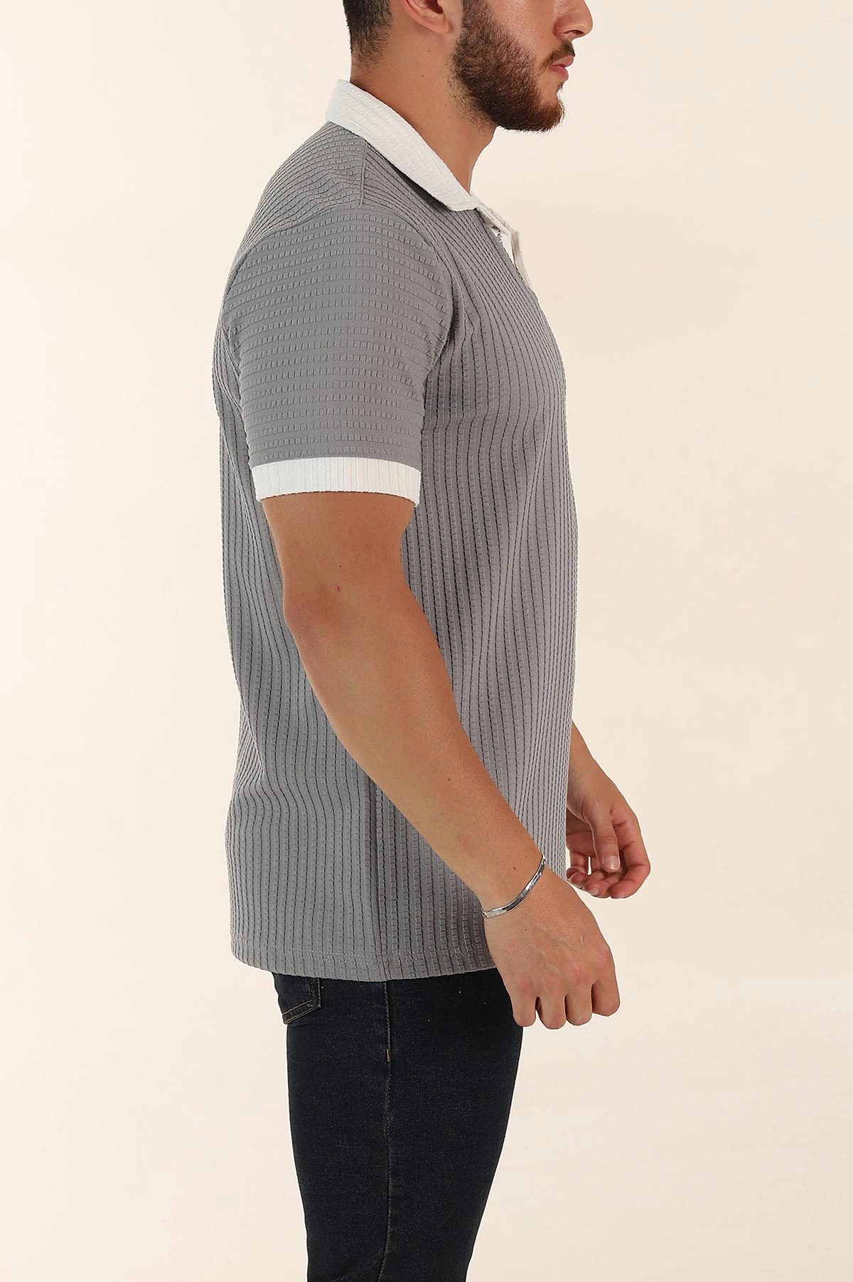 Gri Relaxed Fit Waffle Dokulu Polo Yaka Erkek Tişört 370348