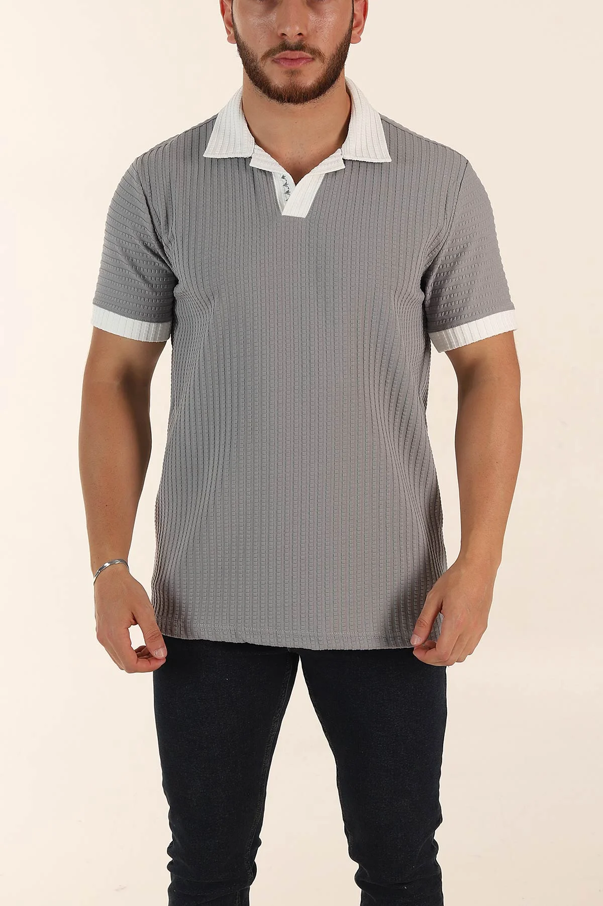 Gri Relaxed Fit Waffle Dokulu Polo Yaka Erkek Tişört 370348