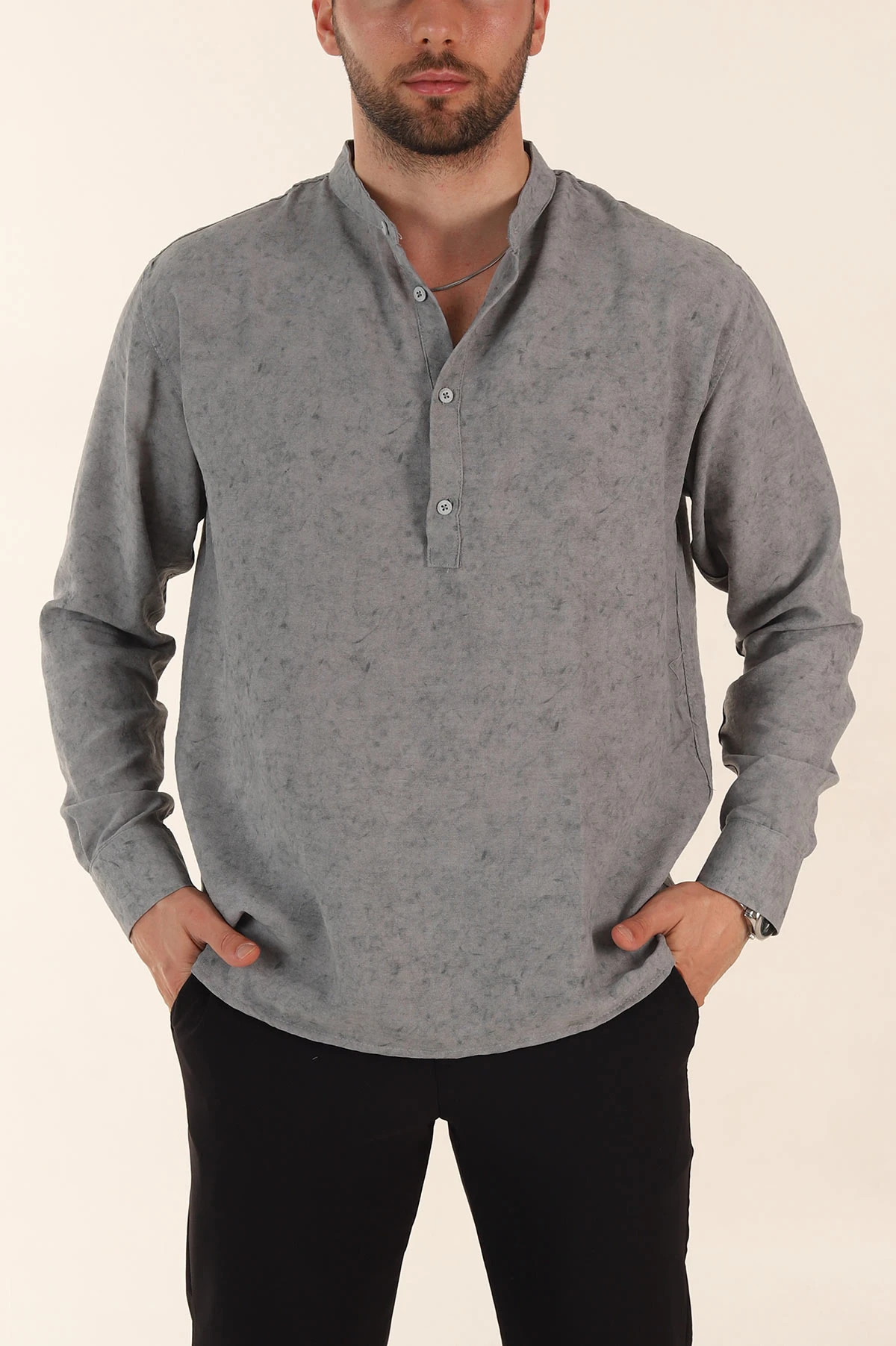 Gri Relaxed Fit Yarım Düğmeli Hakim Yaka Uzun Kollu Erkek Gömlek 369366