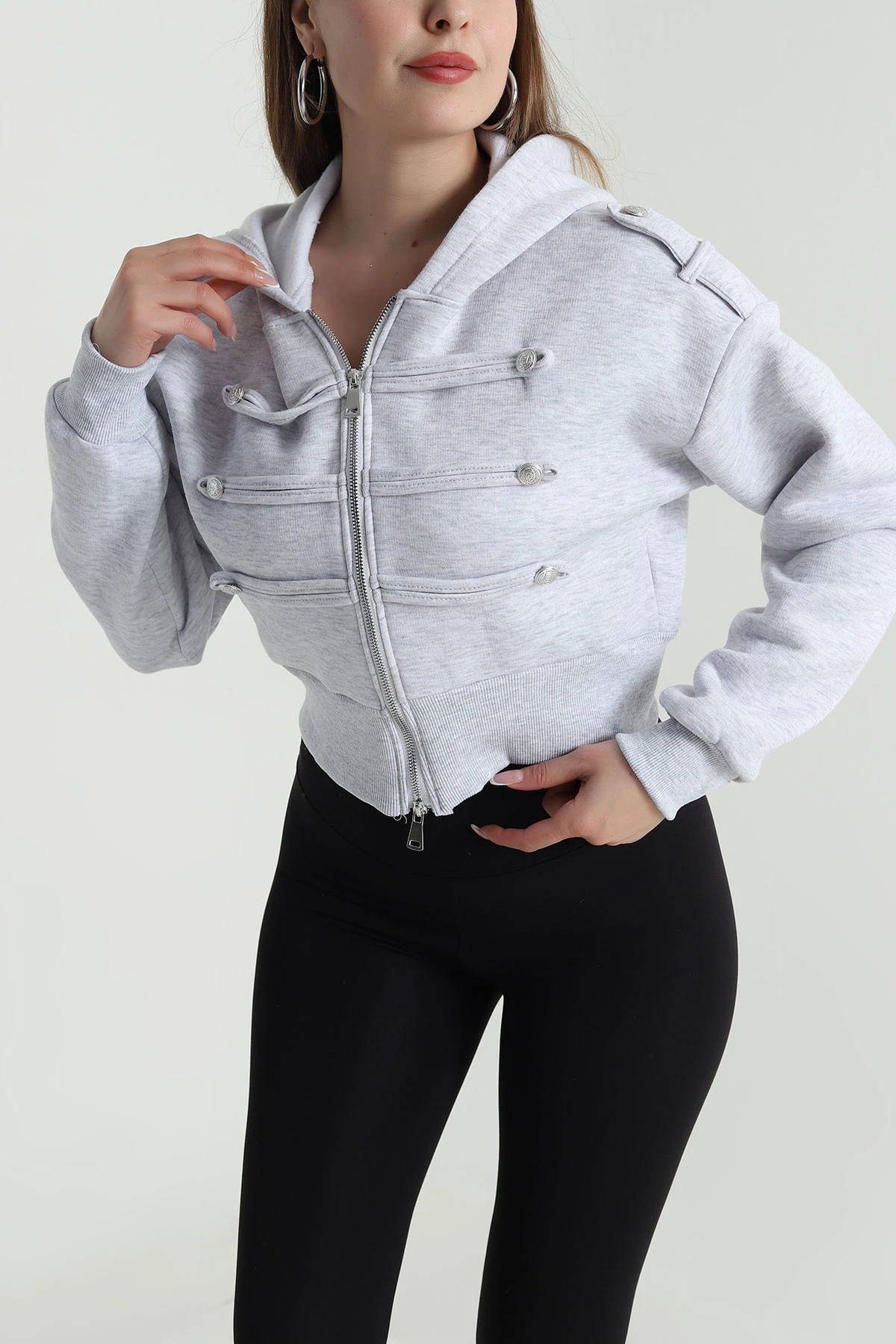 Gri Şardonlu Apoletli Düğme Detay Sweat 489481