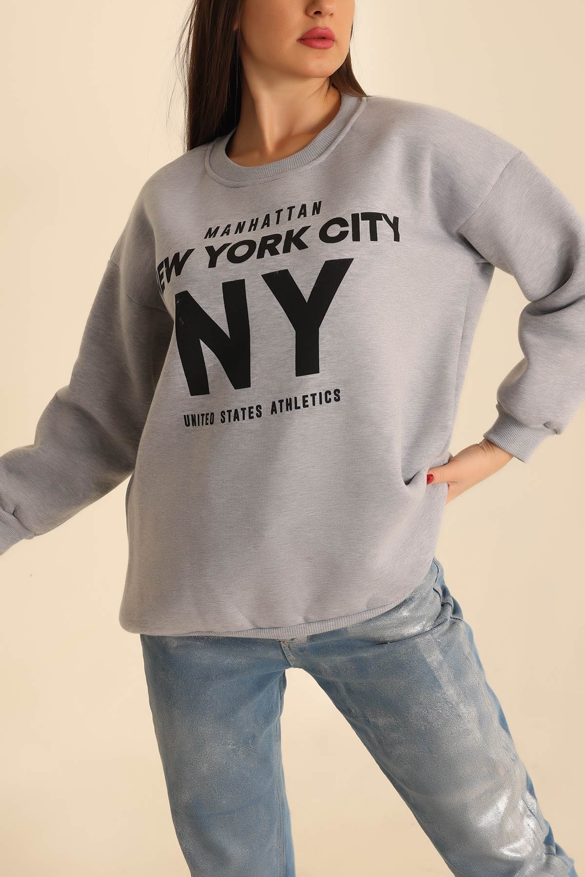 Gri Şardonlu Baskılı Bayan Sweat 214764