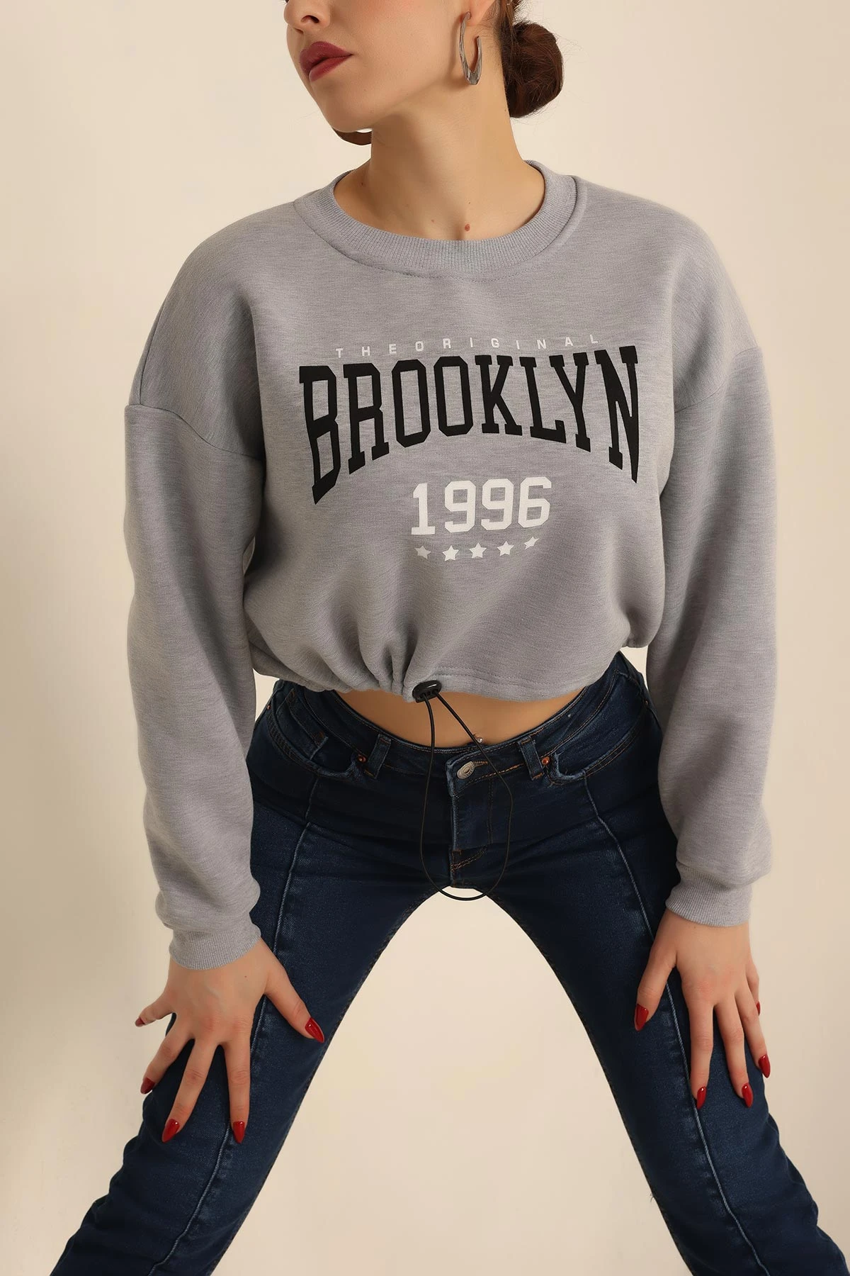 Gri Şardonlu Baskılı Bayan Sweat 228857
