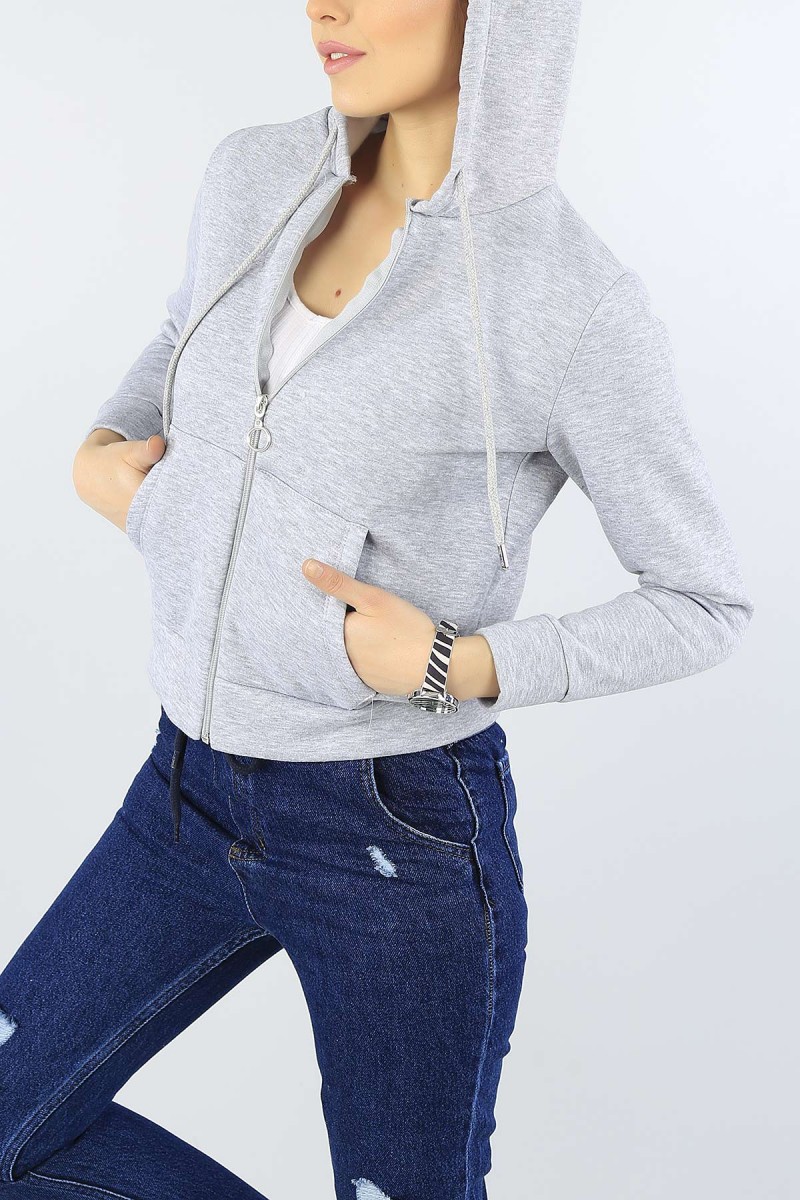 Gri Şardonlu Bayan Fermuarlı Sweat 54263