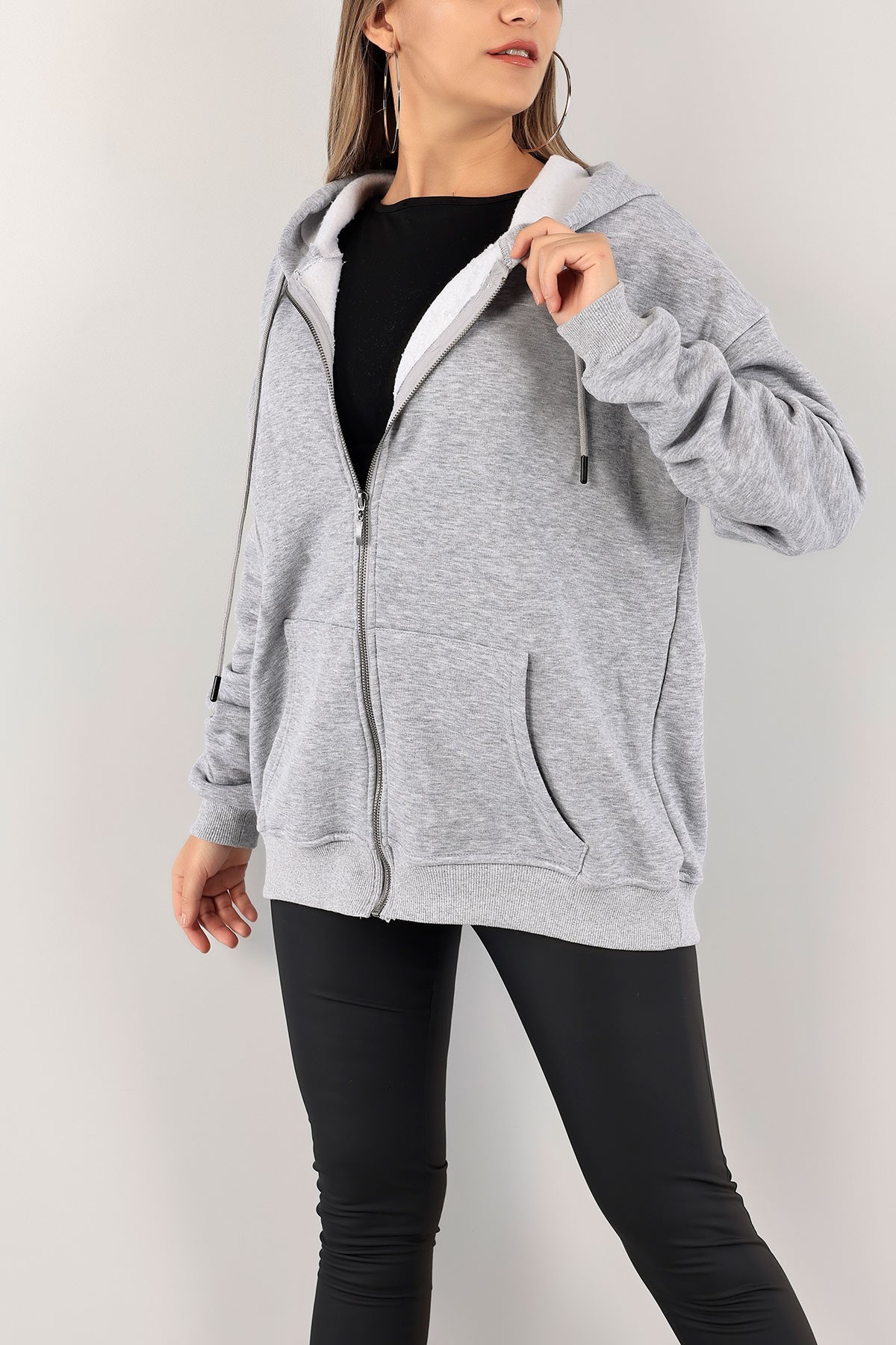Gri Şardonlu Bayan Fermuarlı Sweat Hırka 138884