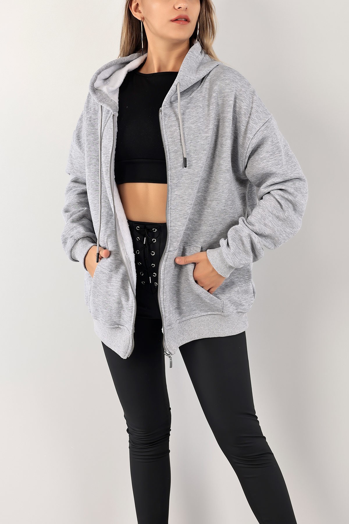 Gri Şardonlu Bayan Fermuarlı Sweat Hırka 138884