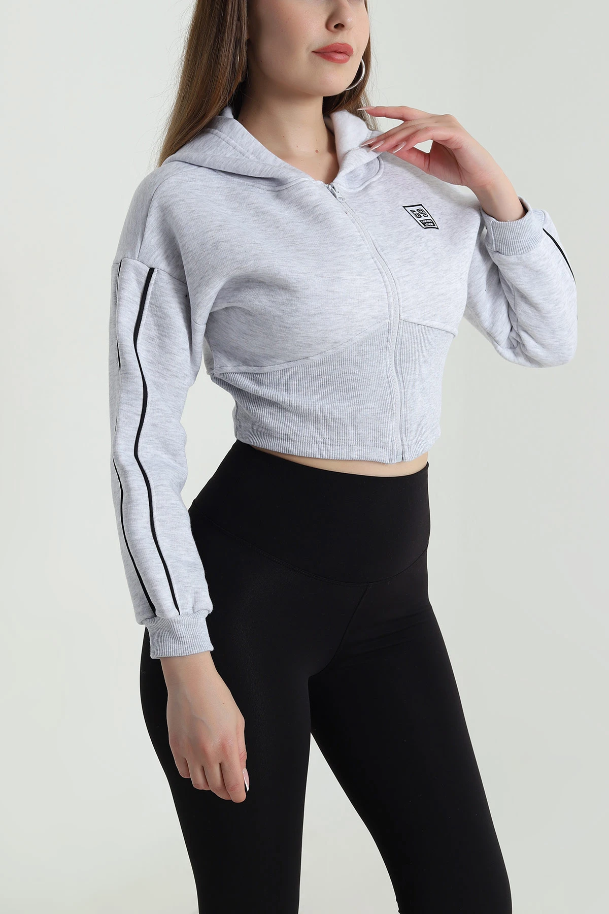 Gri Şardonlu Crop Kadın Sweat 489187