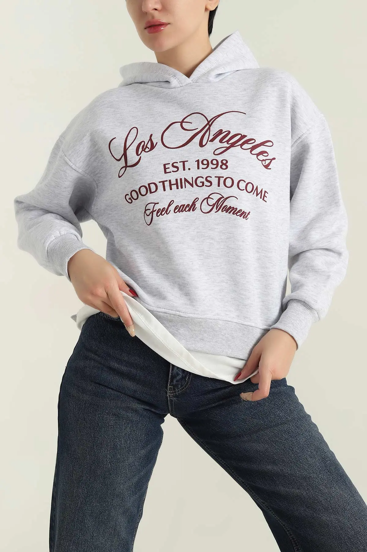 Gri Şardonlu Kapşonlu Baskılı Üç İp Kadın Sweat 417960